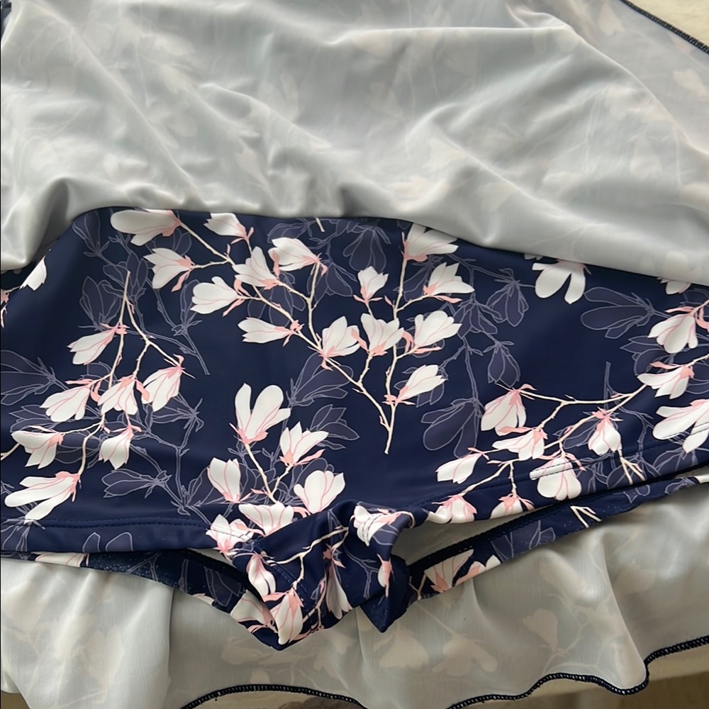 Blue and White Floral One-Piece Swimsuit with Ruffles - Picture 15 of 17